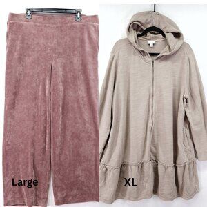 Pure Jill Set Velour Pull On Pants Wide-Leg Large Hooded Full Zip Jacket XL